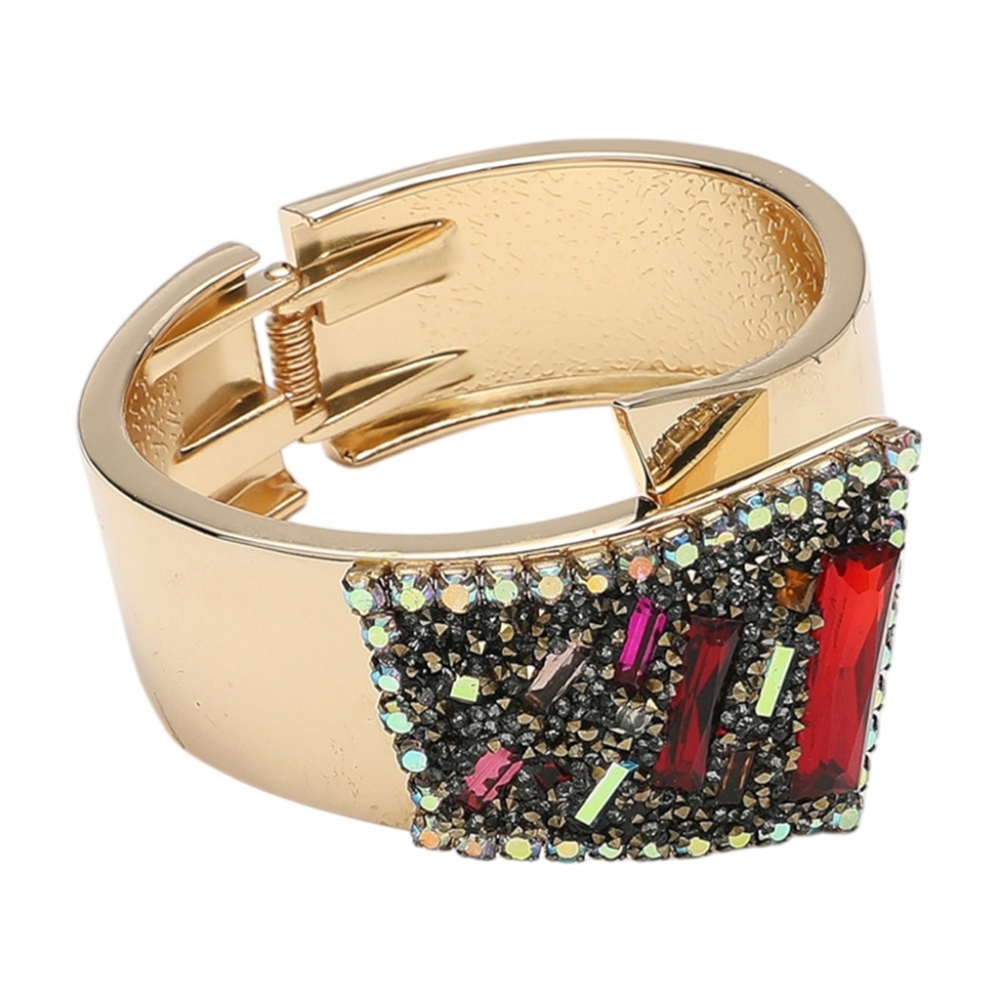 Red Rectangle Glass Studded Gem Bling Cuff Bracelet Statement Fashion Jewelry